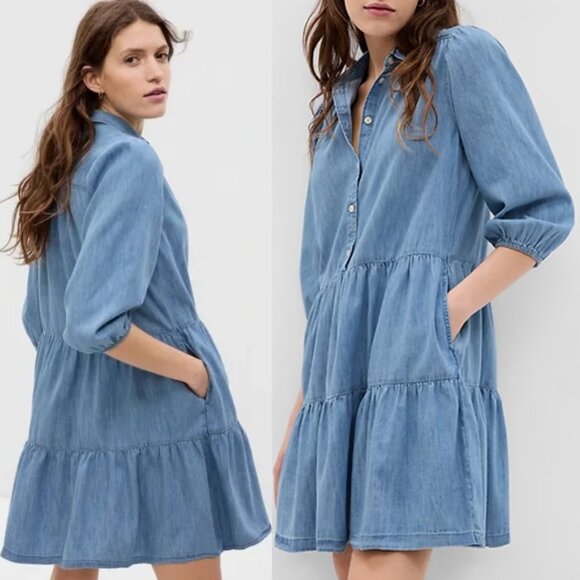 GAP Dresses & Skirts - NEW Gap Puff Sleeve Denim Mini Shirtdress M Tall Long Chambray Tiered Boho $80